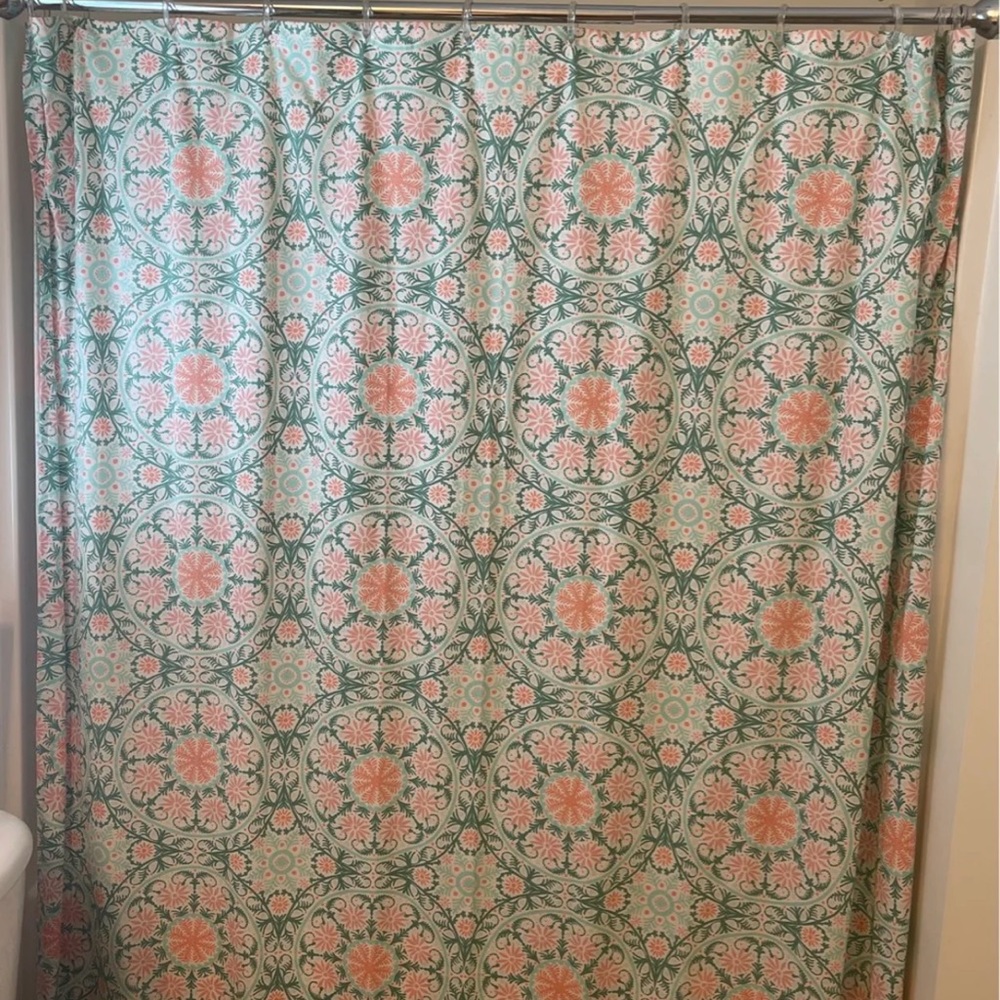 Medallion print with pom fringe shower curtain